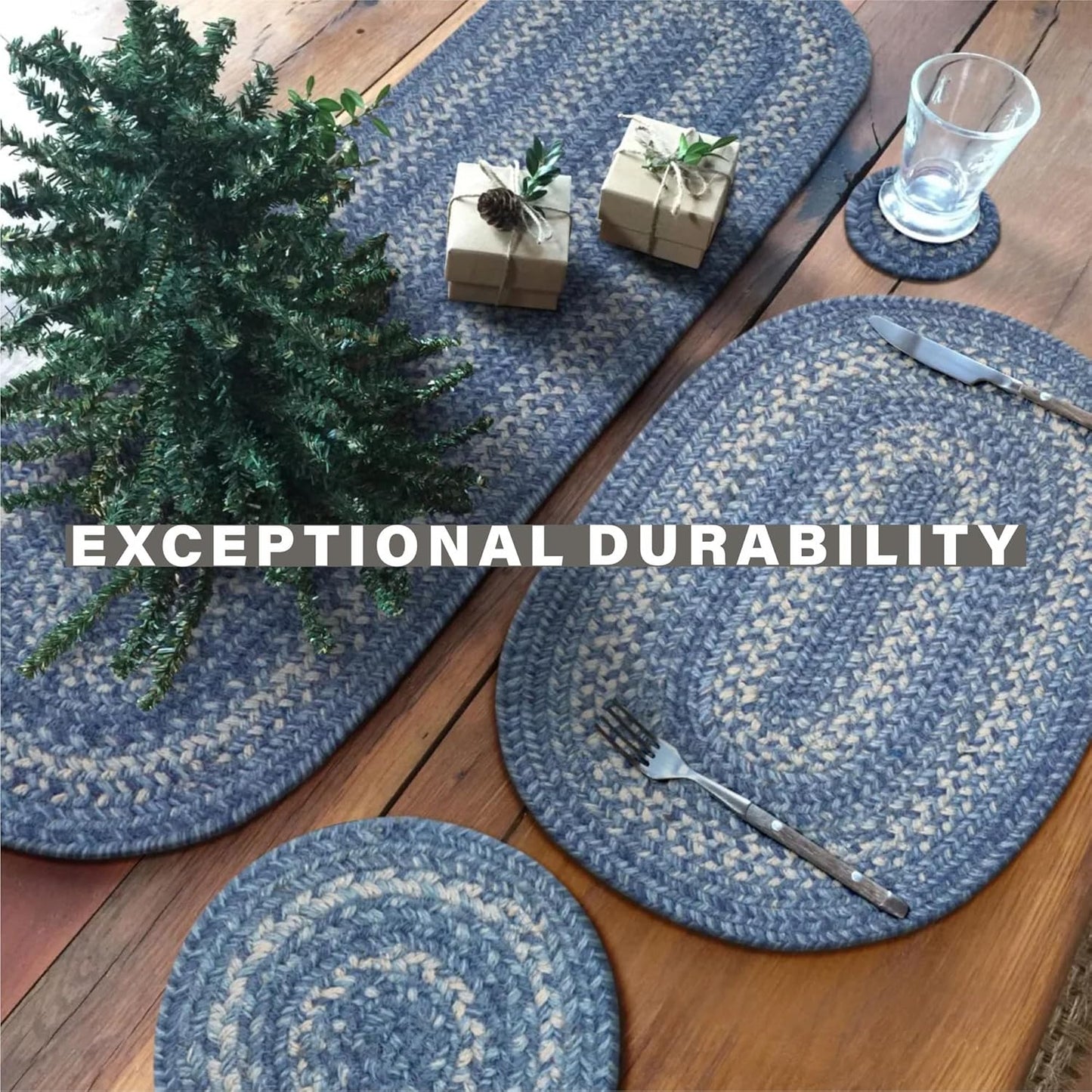 Homespice Denim Jute Braided Table Runner, Coastal Blue Decor, Set of 2, Blue Oval 8x28 - Rich Colors, Easy to Clean, Durable and Protects Furniture
