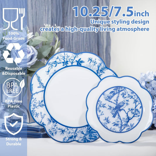 LIYH 60 Pcs Blue Plastic Plates Set - Heavy Duty Floral and White Plastic Plates for Party Wedding Elegant Plate Bridal Shower Floral Dinnerware Set - 10.25" Dinner & 7.5" Dessert Plate