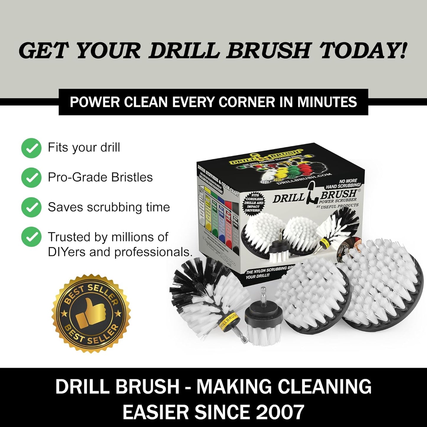 Interior Car Detailing Drill Brush Set - Soft Bristle Power Scrubber Attachments for Cleaning Car, Truck, Upholstery, Carpet, Leather, Seats, Wheels, Rims, Dash, Console, & Trim - Nylon Auto Scrubber