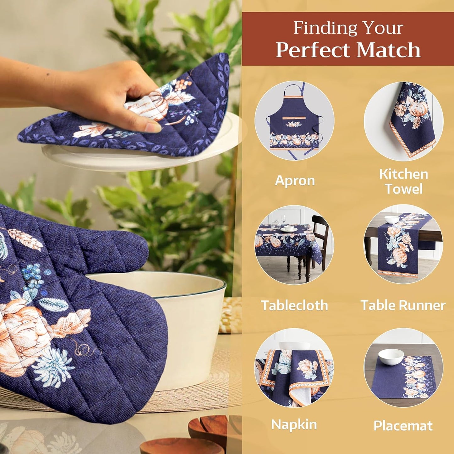 Maison d' Hermine Oven Gloves 100% Cotton Oven Mitt 7" x 13" with Loop Heat Resistant BBQ Cooking Gloves for Thanksgiving Christmas Decorations Baking Handling Hot Pans (Pack of 1, Pumpkin Blues)