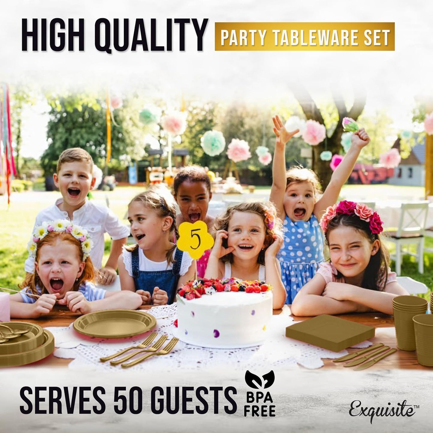 Party Solids 350 Pieces Gold Plastic Plates For Party, Gold Disposable Plates Set, 50 Of Each 9" Dinner Plate Set, 7" Dessert Plate, Cups, Napkins & Cutlery Plastic Dinnerware