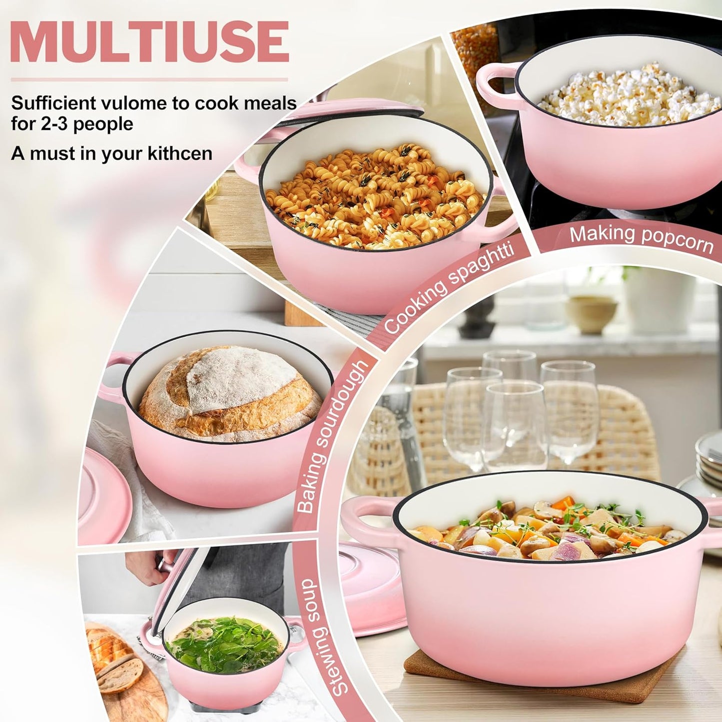 Small 3 Quart Dutch Oven, HaSteeL Round Cast Iron Cooking Pot with Lid, Nonstick Enameled Cookware for Sourdough Bread Baking Roasting Stewing Braising Frying, Heavy Duty & Oven Safe 500℉, Pink