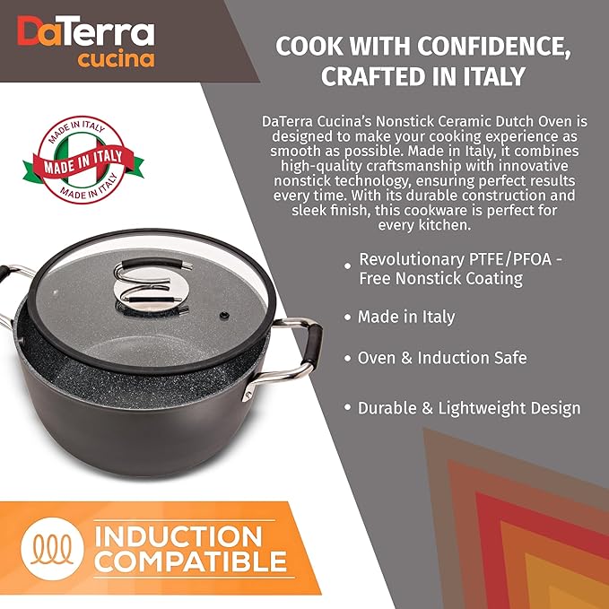 DaTerra Cucina – 8 Qt Nonstick Ceramic Dutch Oven with Lid – Large Oven Safe Stock Pot, Induction Compatible, Lightweight, Lead & PFOA Free, Volcanic Black, Durable Nonstick Cookware – Made in Italy
