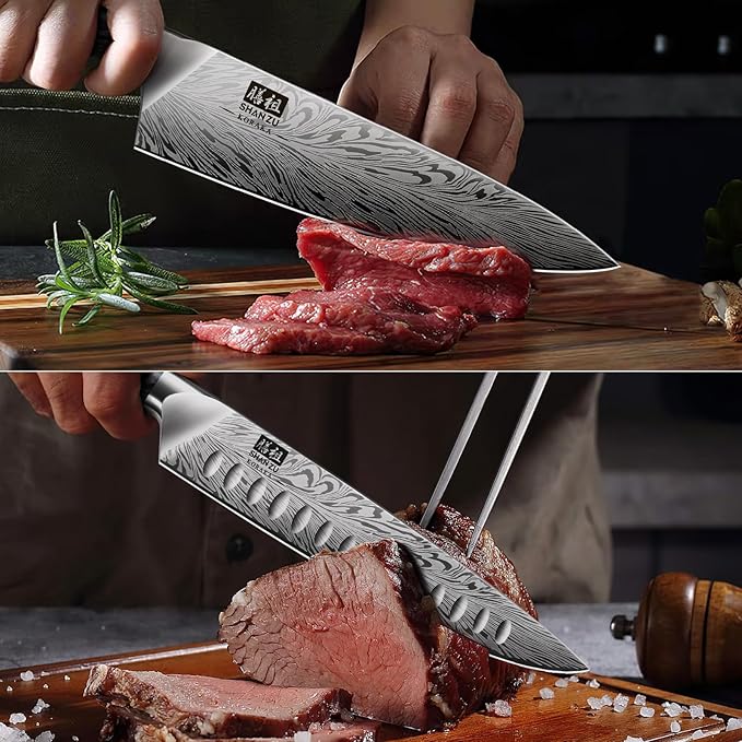 SHAN ZU Kitchen Knife Set with Double Sided Magnetic Knife Block, 7PCS Knives Block Sets in Powder Steel Ultra Sharp Japanese Knife Sets with Sharpening Steel Chef Knives Set with Pakkawood Handle