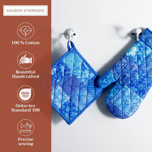 Maison d' Hermine 100% Cotton Oven Mitt & Pot Holder Set (7.5"x13" & 8"x8") Heat Resistant BBQ Cooking Gloves with Loop, Baking, Grilling, Kitchen, Handling Hot Pans Spring/Summer (Indigo Love)