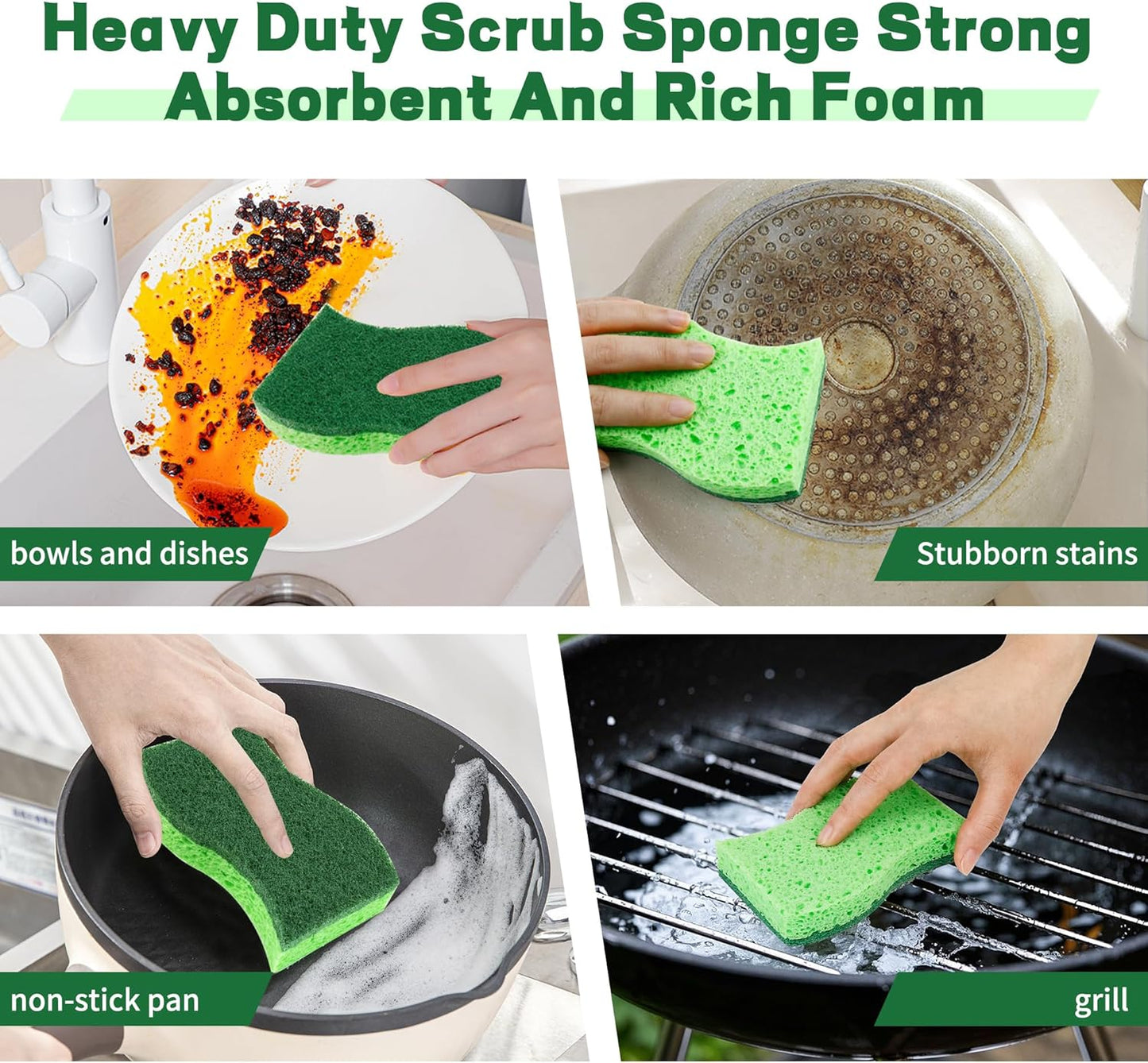 12 Count Heavy Duty Scrub Sponges,Long Lasting Cleaning Sponges for Cleaning Kitchen and Household, Dishes,Dual Sided Kitchen Sponges for Non-Coated Cookware-Green