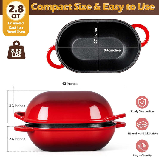 Homikit Enameled Cast Iron Dutch Oven for Bread Baking, 2.8 QT Oval Bread Oven Pot with Lid, Sourdough Loaf Iron Dutch Oven Pan for Roasting Cooking, Red & Heavy Duty