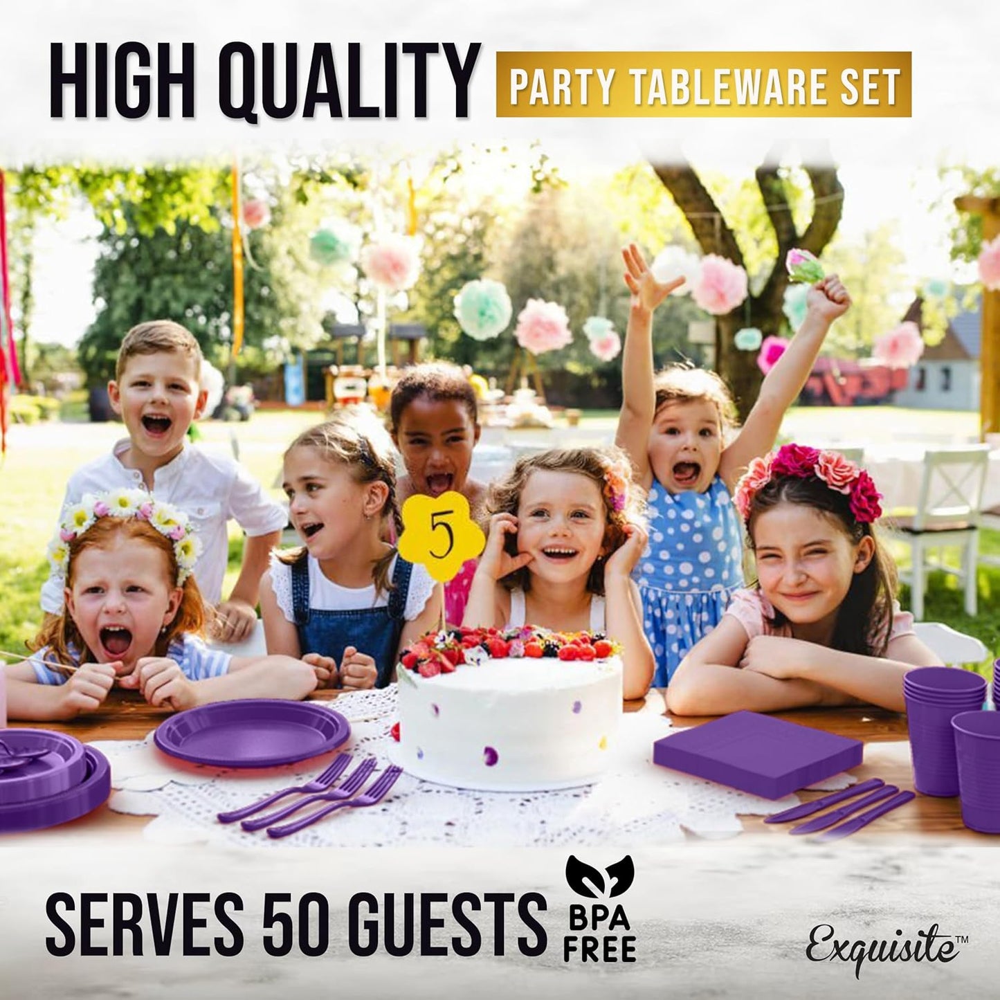 Party Solids 350 Pieces Purple Plastic Plates For Party, Purple Disposable Plates Set, 50 Of Each 9" Dinner Plate Set, 7" Dessert Plate, Cups, Napkins & Cutlery Plastic Dinnerware