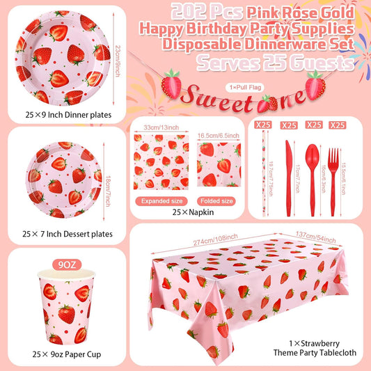Sawysine 202 Pcs Strawberry Party Supplies Disposable Dinnerware Set 50 Plates 25 Cups 25 Napkins 25 Plastic Forks 25 Knives 25 Spoons 25 Straw Flag Tablecloth to Serve 25 Guests
