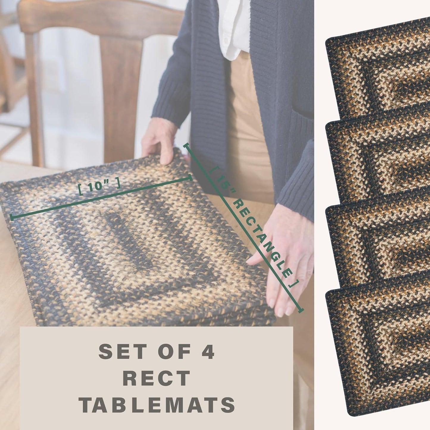 Homespice Kilimanjaro Premium Jute Braided Placemat Set of 4-10x15 Rectangular Black Reversible, Natural Jute Yarn Rustic, Country, Primitive, Farmhouse Style