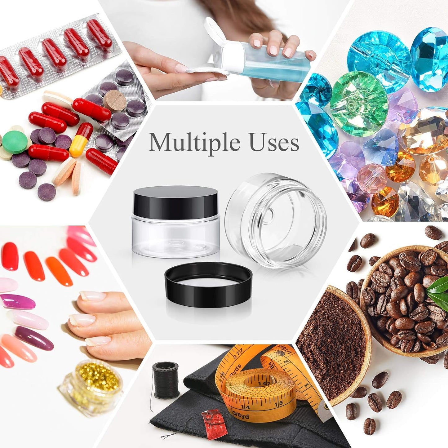 Satinior 6 Pack 1 oz Plastic Jars Containers with Lids Wide Mouth Refillable Leakproof Reusable Round Empty Jars for Travel Cosmetic Dry Food Spice Candy Cookie Home Kitchen Organizing (Black)