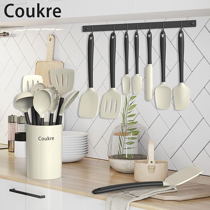 Coukre Silicone Kitchen Cooking Utensils Set with Holder – Heat-Resistant, Food-Grade Kitchen Tools, Spatula, Spoon & Gadgets for Non-Stick Pans, Dishwasher Safe (14, Beige)