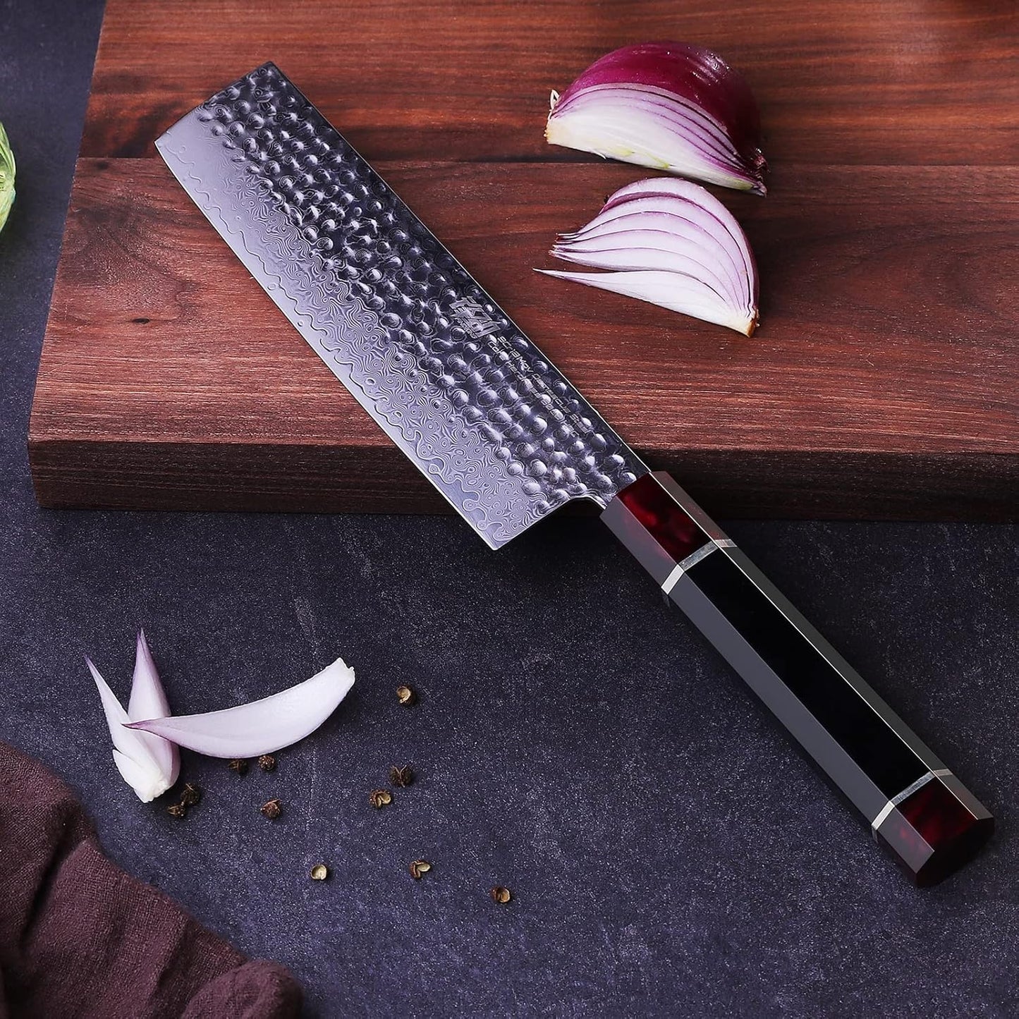 FINDKING 7 Inch Japanese Nakiri Knife with ABS sheath, Professional Vegetable Cleaver, Damascus Steel Blade, Resin Octagonal Handle, for Shredding, Slicing, Mincing (Eternity Series)