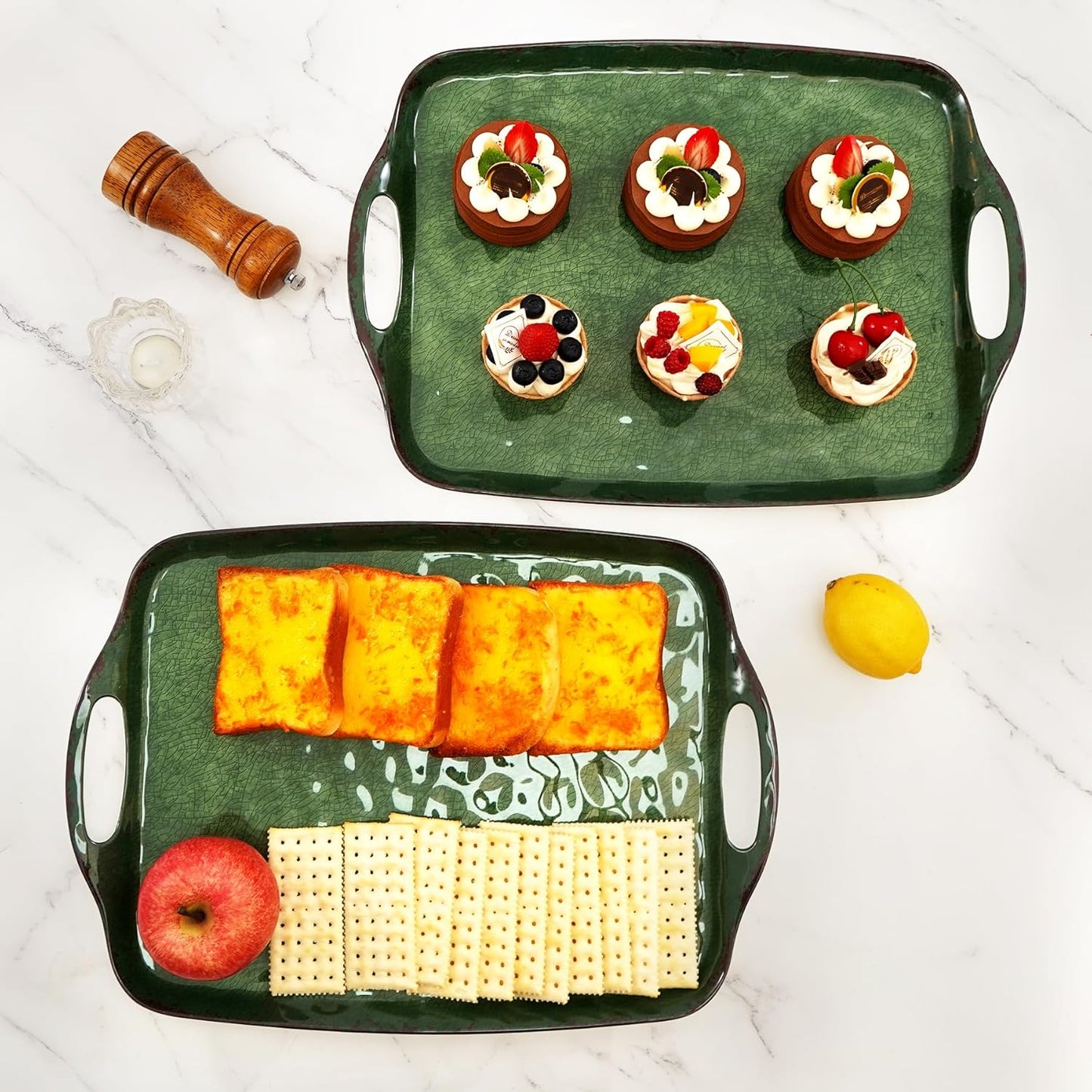 TP Serving Trays with Handles, 17 Inch Large Rectangular Melamine Serving Platter Set of 2, Retro Green