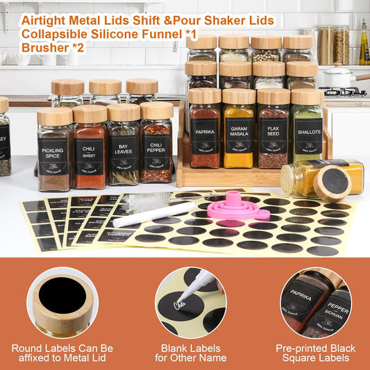 SZUAH 4oz Glass Spice Jars with Labels 36 Pack,Empty Seasoning Jars, Glass Jar with Bamboo Lids for Cabinet, Drawer, Rack, Seasoning Organizer & Pantry Organization (120ml, Set of 36)