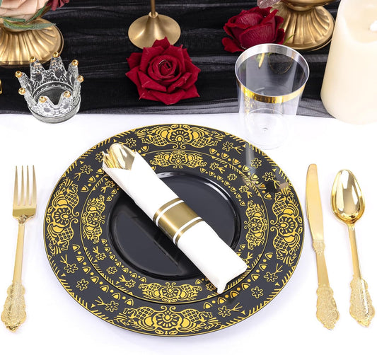 GATHER 350PCS Black and Gold Plastic Plates - Gold Disposable Dinnerware Set Include 50 Dinner Plates, 50 Dessert Plates, 150 Gold Plastic Silverware, 50 Napkins, 50 Cups for Wedding & Halloween
