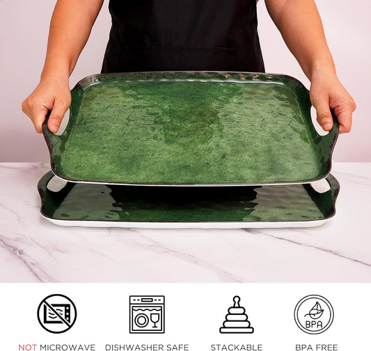 TP Serving Trays with Handles, 19 Inch Large Rectangular Melamine Serving Platter Set of 2, Retro Green