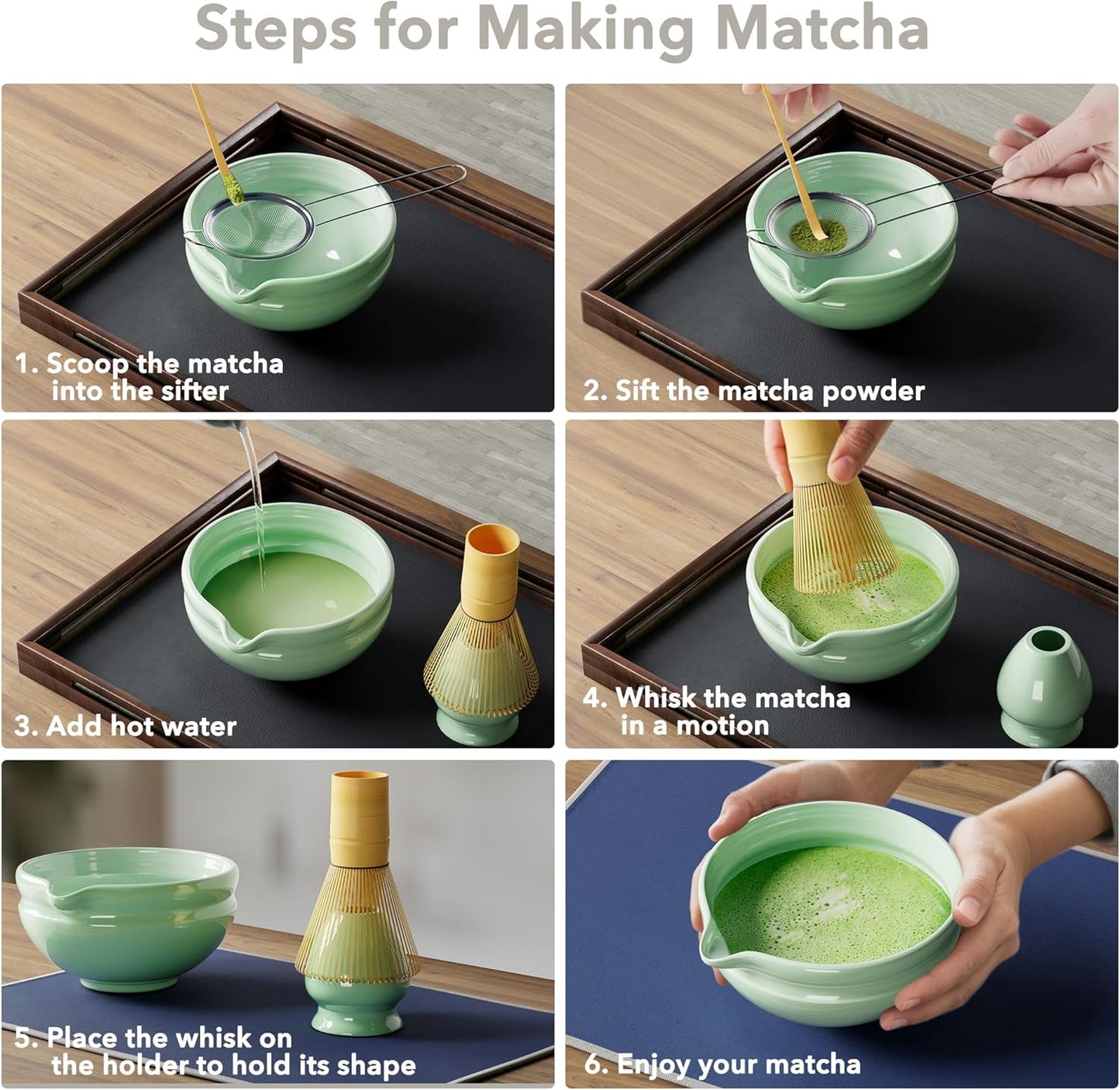 7 Pcs Matcha Whisk Set, Perfect Matcha Kit for Matcha Lovers Includes Ceramic Bowl, Bamboo Whisk, Holder, Scoop, Sifter & Cloth