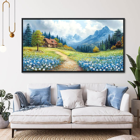 CHATYOUNG Framed Wall Art Landscape Paintings, Blue Misty Mountains Rustic Canvas Prints Farmhouse Cottage Wall Pictures Large 24"X48" for Living Room Bedroom Bathroom Home Decor Moving Gift