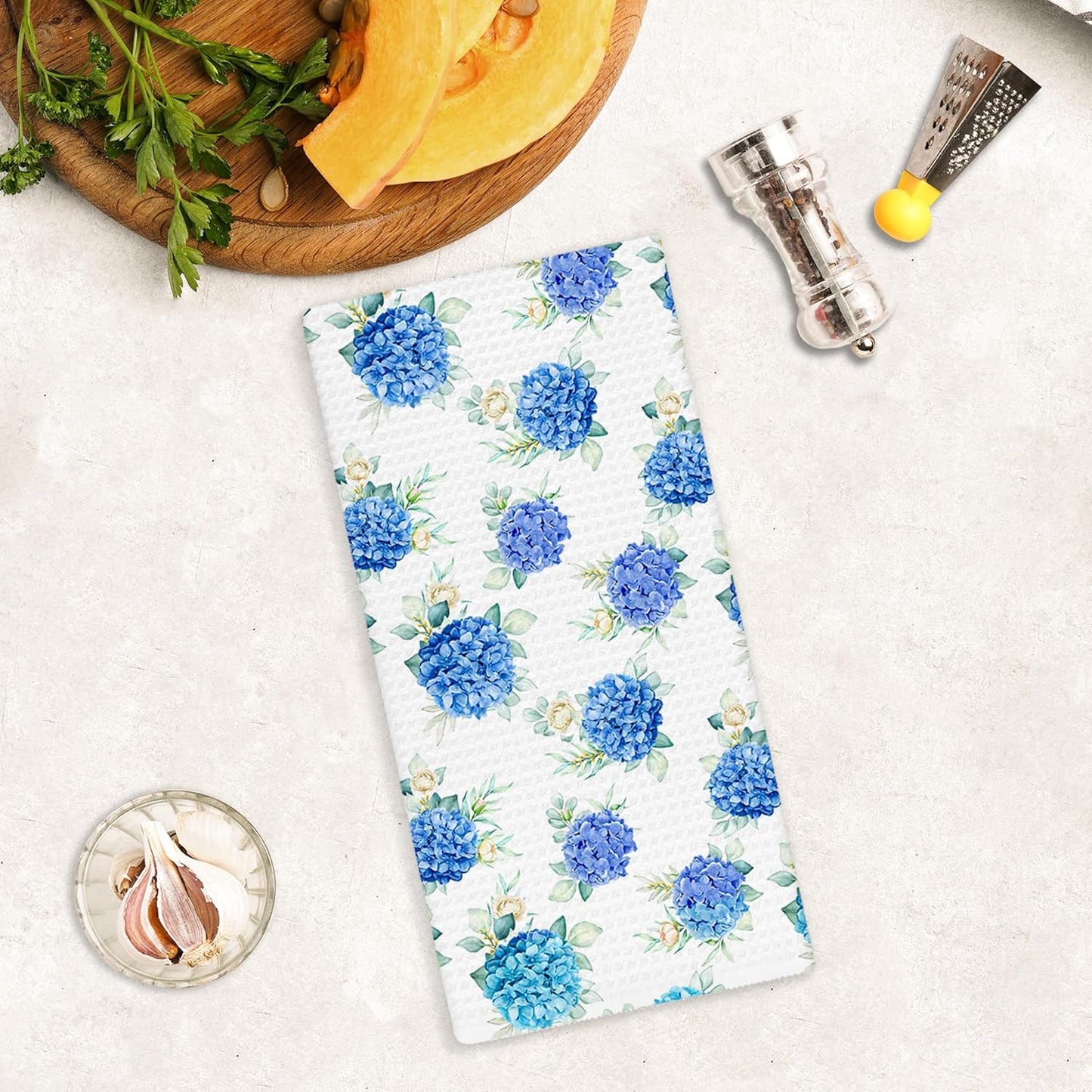 Blue Hydrangea Flower Kitchen Towels, Vintage Farmhouse Floral Hand Towels for Bathroom Decor, Rustic Cottagecore Hydrangea Dishcloths Dish Towel for Kitchen 16x24 Inches