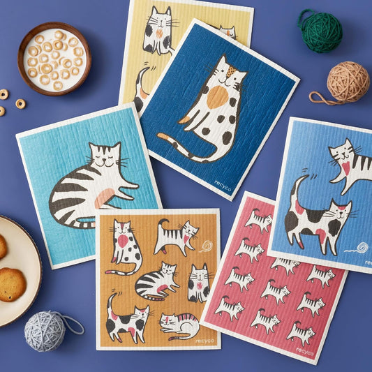 RECYCO Swedish Dishcloths for Kitchen | 6 Pack Cuddly Cats Washable Dish Rags | Cellulose Reusable Cleaning Paper Towels | Absorbent Counter Dish Cloth Sponge Kitchen Wipes, 8" L x 7" W