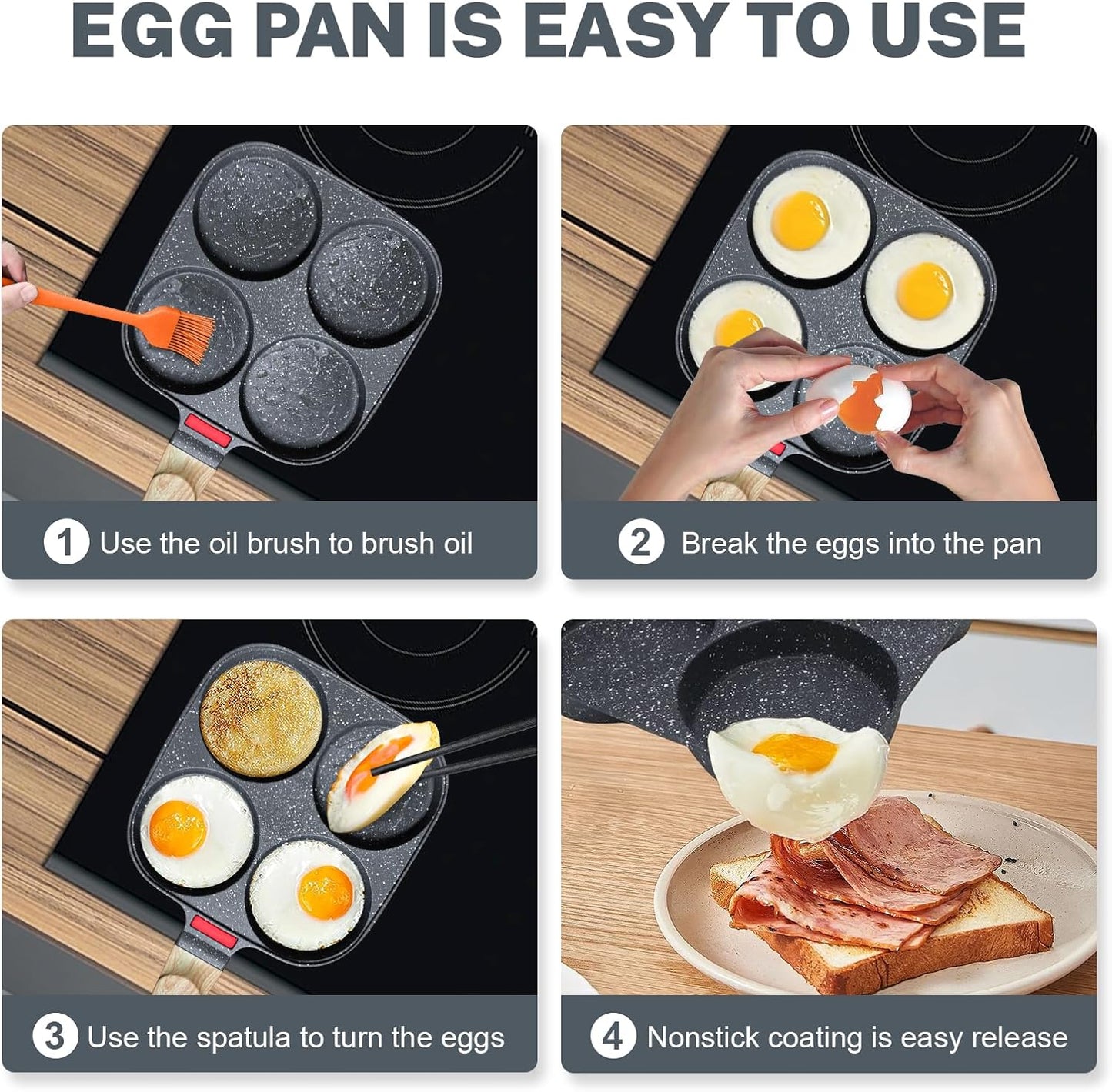 4‑Cup Nonstick Egg Pan Set with Lid – Aluminum Omelette Skillet for Breakfast, Includes Silicone Scraper, Oil Brush, Chopsticks & Cleaning Cloth – Compatible with Gas & Induction Cooktops