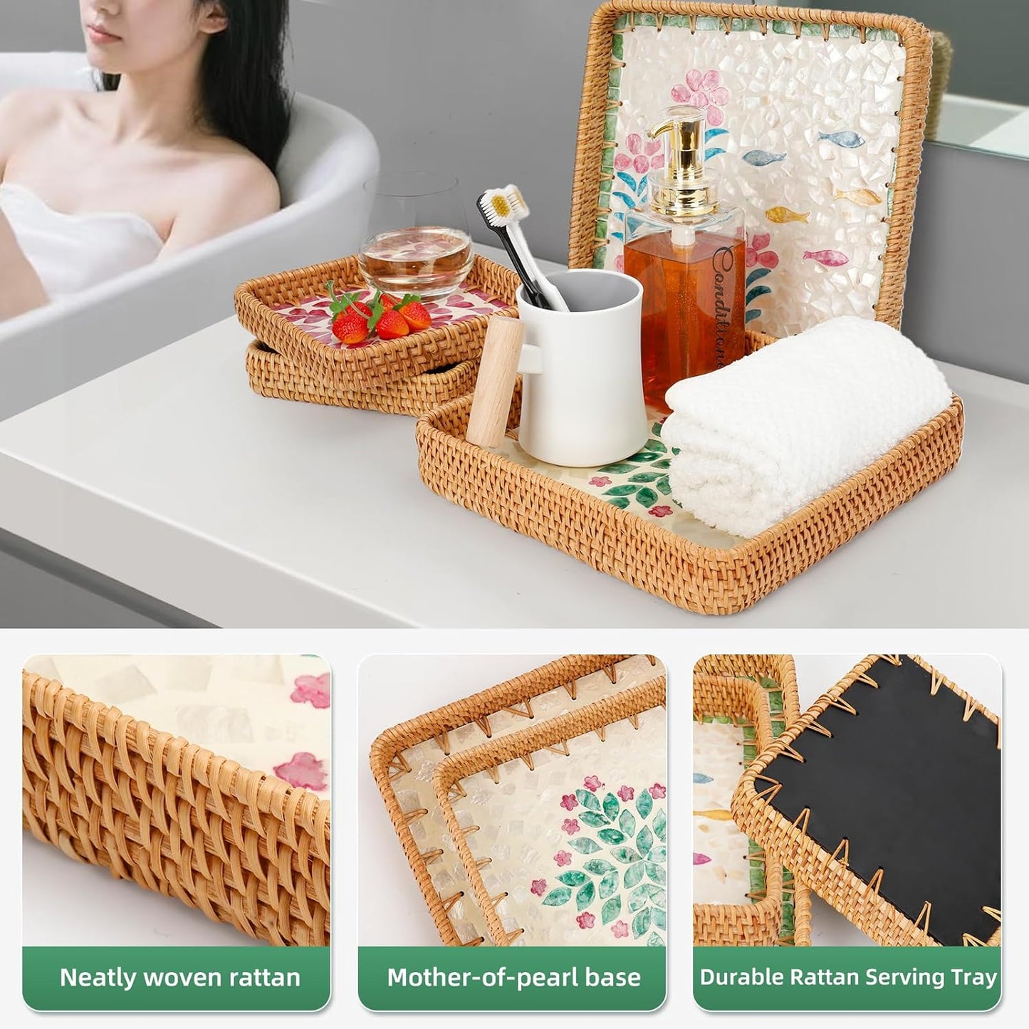 Rattan Tray with Mother of Pearl Inlay, Boho Coffee Table Decor, Decorative Serving Tray, Farmhouse Gift for Living Room & Bathroom