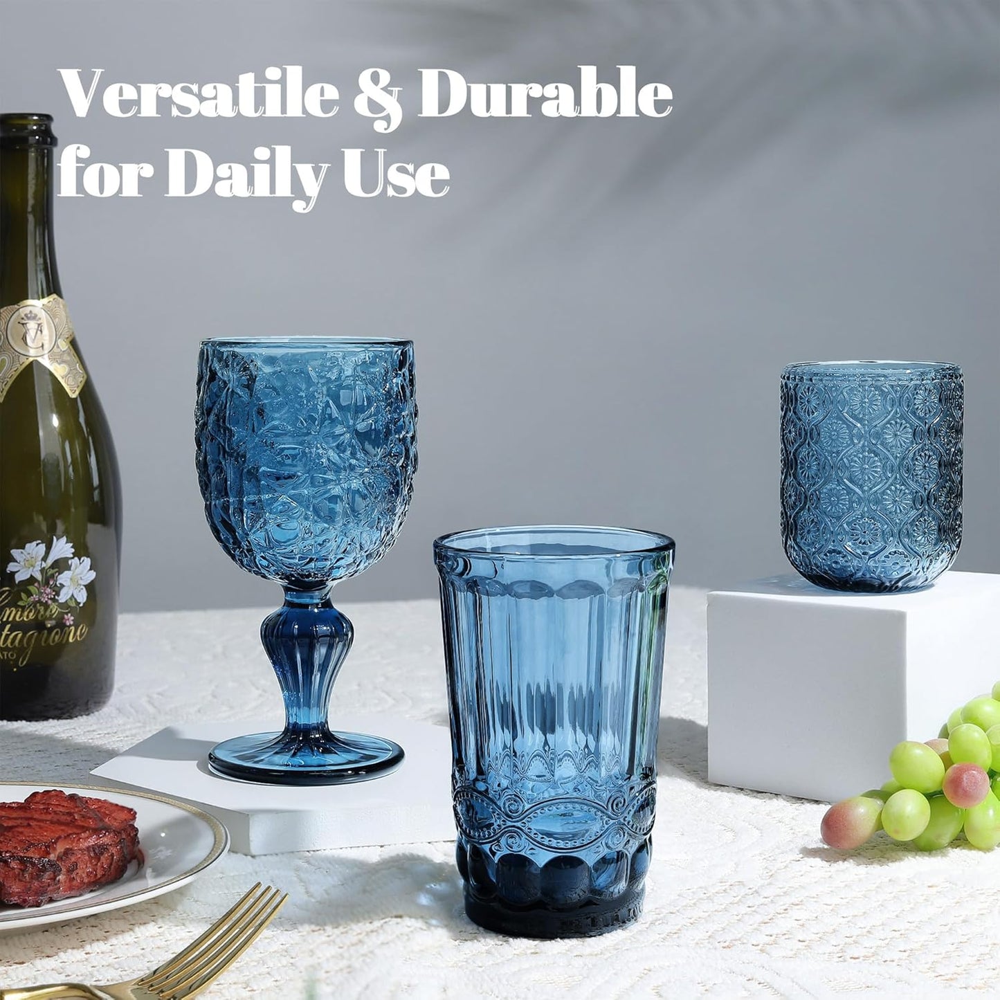 Joeyan Small Blue Drinking Glasses,Vintage Embossed Floral Water Glass Tumbler Cups,Colored Beverages Cocktail Juice Wine Glassware,9 oz,Set of 4,Dishwasher Safe