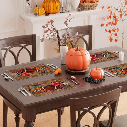 XCHI Fall Football Pumpkin Wood Placemats Set of 4 Table Mats for Party Home Kitchen Dining Table Decorations 12x18 Inch