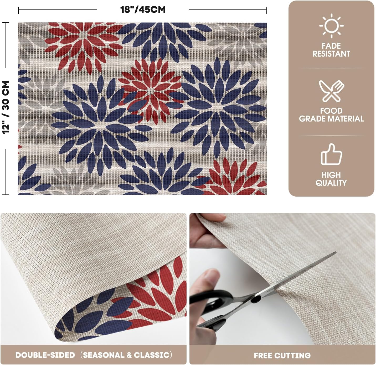 Artoid Mode Floral Vinyl Plastic Placemats Set of 4, 12x18 Inch 4th of July Patriotic Memorial Day Washable Non-Slip PVC Place Mats for Party Kitchen Dining Decor, Red Blue