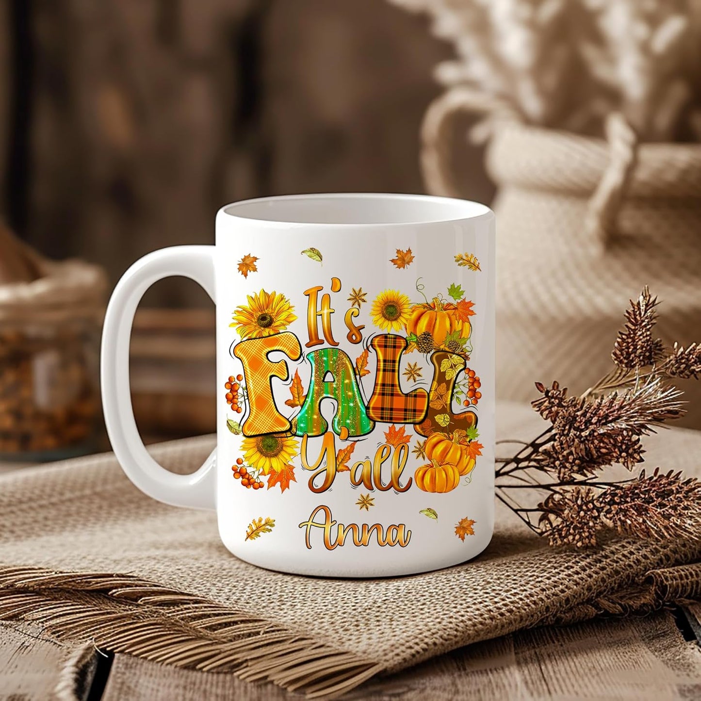 Hyturtle Personalized Fall Autumn Mug Gifts - It's Fall Y'all - Custom Name Coffee Cup Ceramic Mug 11oz 15oz - Autumn Gifts - Fall Thanksgiving Decor Gift - Birthday Christmas