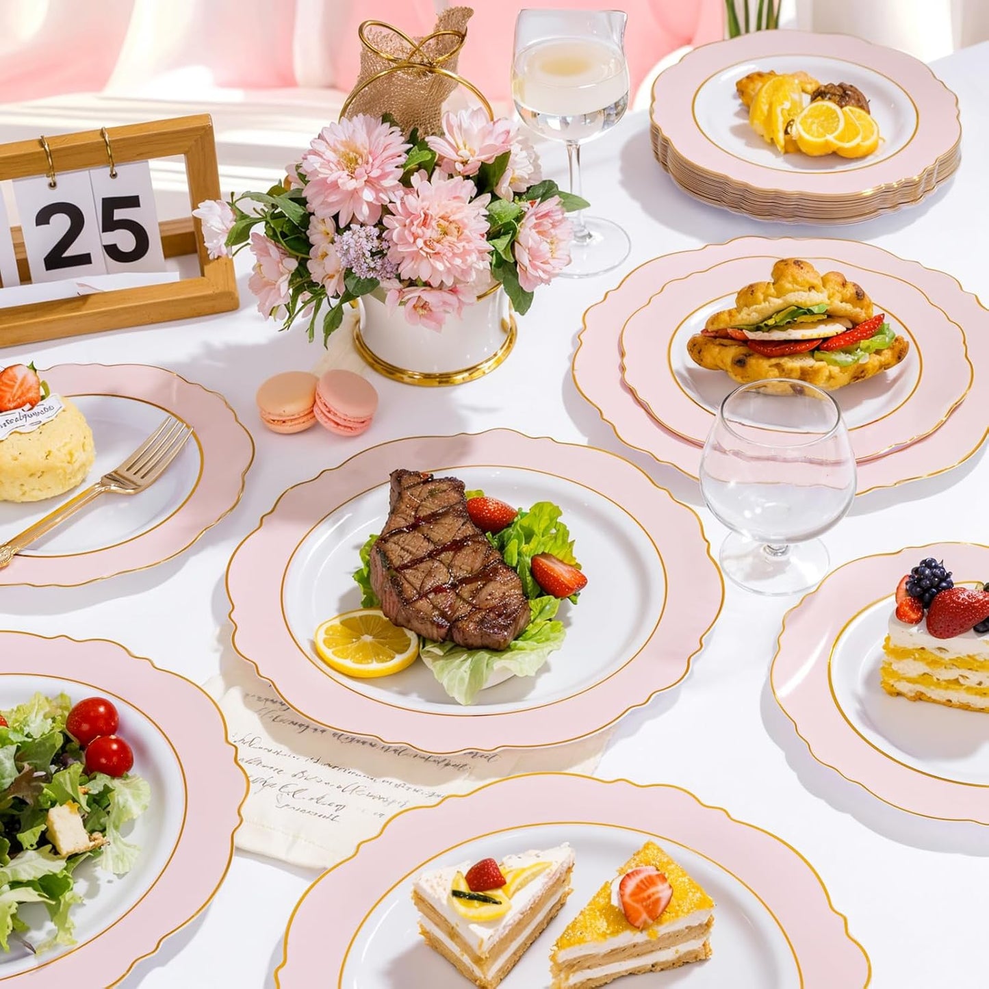 WDF 60pcs Pink Plastic Plates - 10.25inch Baroque Pink And Gold Disposable Dinner Plates for Upscale Parties -Special for Wedding, Party,Birthdays, Baby Shower,Halloween