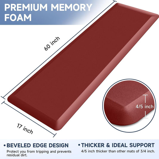 4/5 Inch Thick Kitchen Mat Anti Fatigue Mat Kitchen Rugs Kitchen Decor Non-Slip, Stain Resistant, Waterproof Kitchen Mats Desk Mat for Kitchen, Office, Workshop, Red, 17'' x 60''