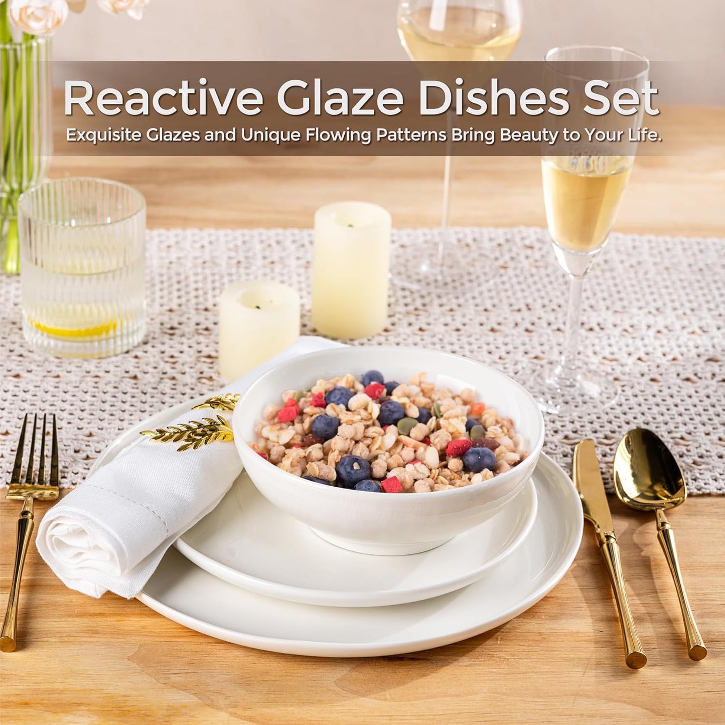 LERATIO Ceramic Dinnerware Sets for 4,Porcelain Plates and Bowls Sets with Wavy Edge,Microwave & Dishwasher & Oven Safe,Light Weight & Scratch Resistant Dishes Sets-Service for 4 (12pcs)