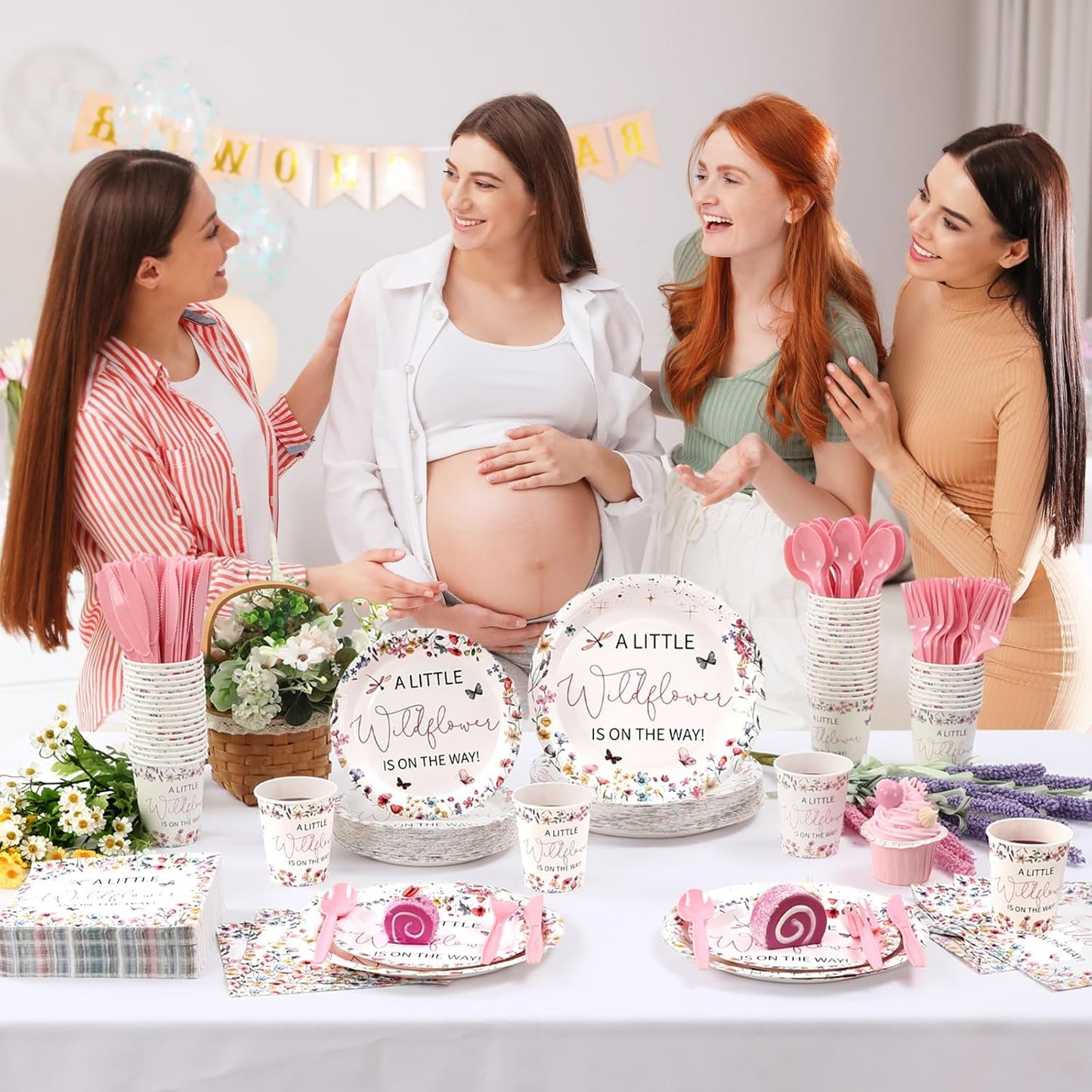 Dandat 350 Pcs Baby Shower Plates Set Baby Shower Party Supplies Serves 50 Tableware Sets Include Plates Napkin Cup Forks Knives Spoons Disposable Dinnerware(Wildflower,Pink)