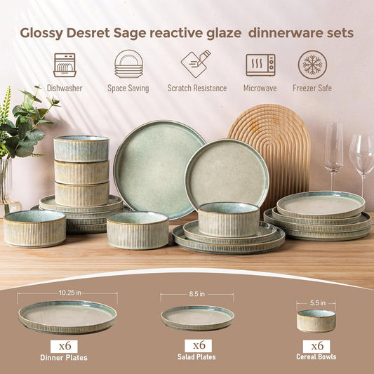 GBHOME Stoneware Dinnerware Sets for 6,Round Reactive Glaze Ceramic Plates and Bowls Set,Highly Scratch Resistant | Dishwasher & Microwave Safe Dishes Set,Service for 6(18Pcs)