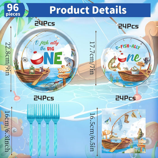 Rakuto Ofishally One Birthday Party Decorations, 96Pcs O Fishally One First Bday Paper Plates and Napkins Tableware Decoration Gone Fishing 1st Forks Decor Fish Themed 1 Years Old Supplies, Serve 24