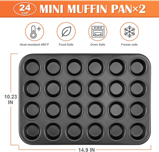 E-far 2 Pack Mini Muffin Pan - Nonstick 24-Cup Carbon Steel Cupcake Tin Tray for Little Bites & Freezer Prep | Warp-Free Bakeware Ensures Even Baking & Effortless Release, Regular Size & Oven Safe