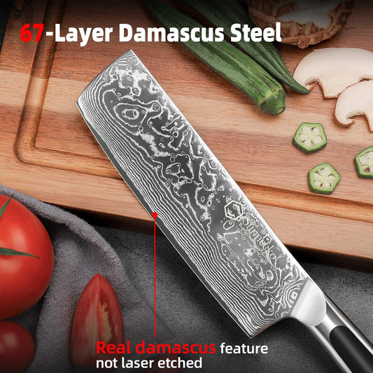 Sunnecko Damascus Kitchen Knife 7 Inch Cleaver Knife VG-10 Stainless Steel Chopping Knife with Solid Handle Nakiri Knife Perfect for Professional Use or Home Cooking Enthusiast