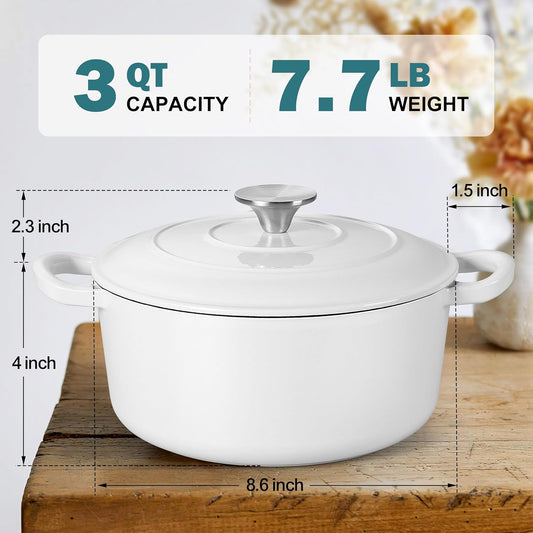 Small 3 Quart Dutch Oven, HaSteeL Round Cast Iron Cooking Pot with Lid, Nonstick Enameled Cookware for Sourdough Bread Baking Roasting Stewing Braising Frying, Heavy Duty & Oven Safe 500℉, White