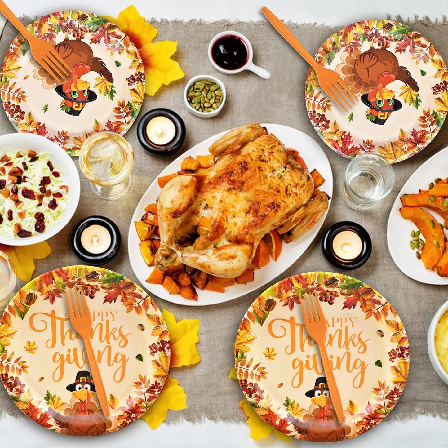 100 Pcs Thanksgiving Turkey Tableware Party Supplies – Disposable Fall Dinnerware Set with Paper Plates, Napkins, and Forks for Autumn Celebrations, Friendsgiving, and Thanksgiving Dinner – Serves 25