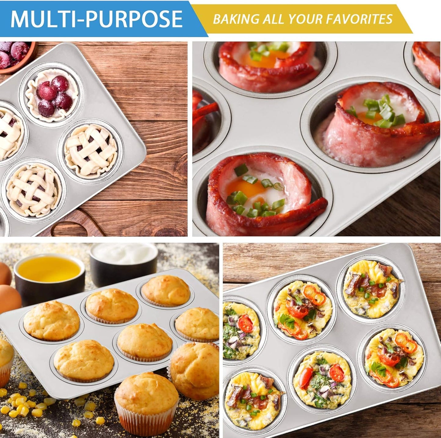 E-far Muffin Pan Set of 4, Stainless Steel Muffin Pan Tin for Baking, 6-Cup Metal Cupcake Pan Tray, Non-toxic & Healthy, Oven & Dishwasher Safe, Regular Size - 11.44 x 7.12 x 1.25 Inch