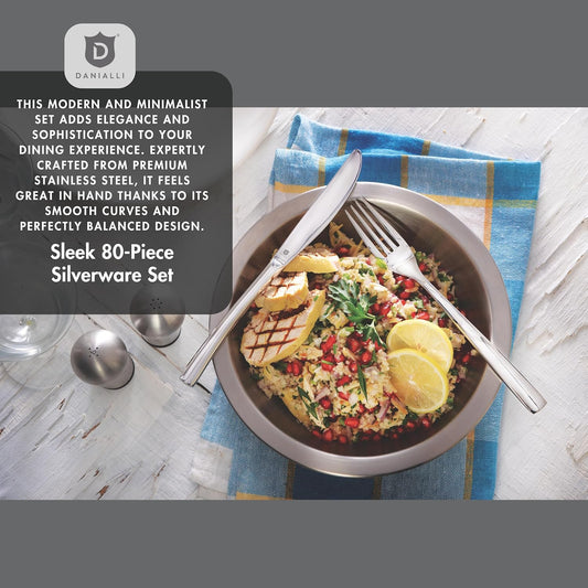 80 Piece Silverware Set For 16, 18 10 Stainless Steel Silverware Set, Modern Sleek Flatware Set Includes Knife/Fork/Spoon & Long Teaspoon/Salad Fork Mirror-Polished & Dishwasher Safe Cutlery
