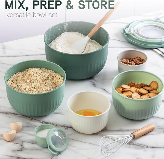 COOK WITH COLOR Prep Bowls with Lids- Wide and Deep Nesting Plastic Small Mixing Bowl Set with Lids, 12 Piece Set - Deep Bowls, Sage
