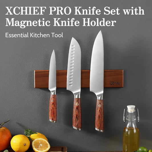 Kitchen Knife Set with Magnetic Holder, 4 Pieces Japanese High Carbon Stainless Steel Chef Cooking Knife Set, Ultra Sharp Professional Chef Santoku Utility Knives (Silver)