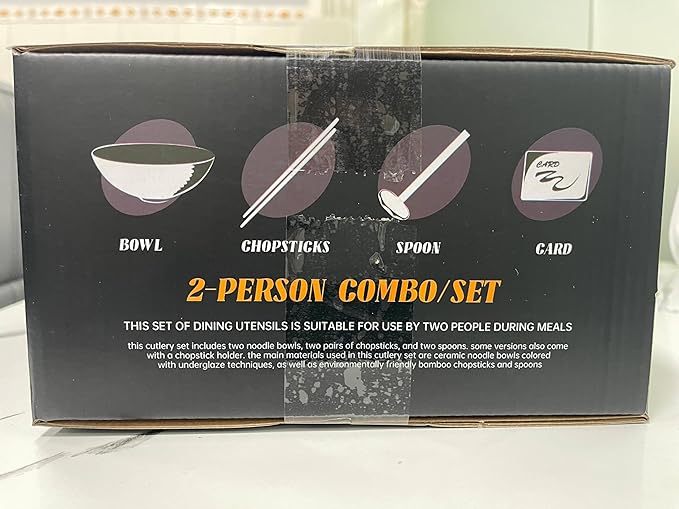 8-Inch Ceramic Ramen Bowl Set of 2 (9 Piece) - Porcelain Japanese Salad Noodles Cereal Fruit Pasta Soup Large Bowls with Recipes Chopsticks Forks Spoons for Men Women Gift Microwave & Dishwasher Safe