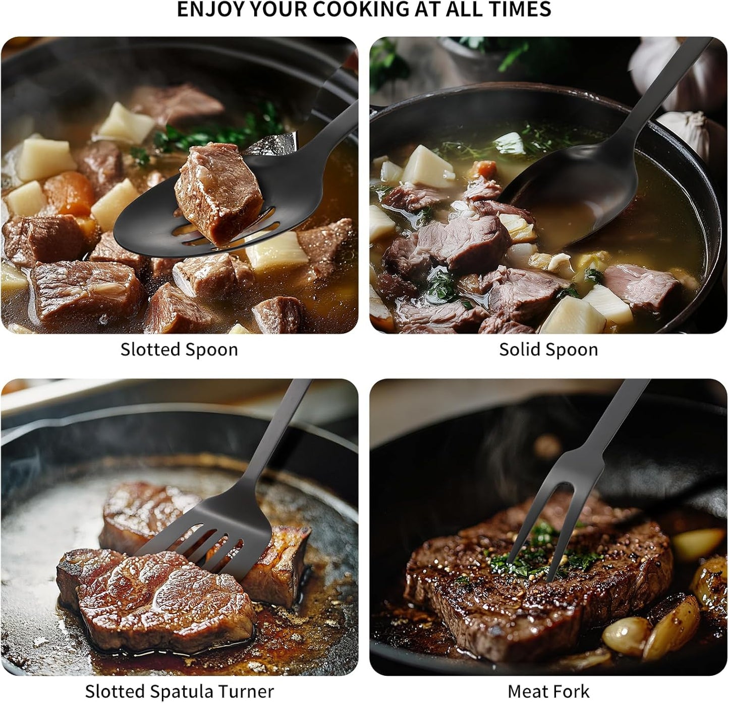 304 Stainless Steel Cooking Utensils Set, 8PCS Kitchen Utensils Set, Include Skimmer, Soup Ladle, Spaghetti Server, Wok Spatula, Slotted Spoon, Solid Spoon, Slotted Spatula Turner & Meat Fork, Black