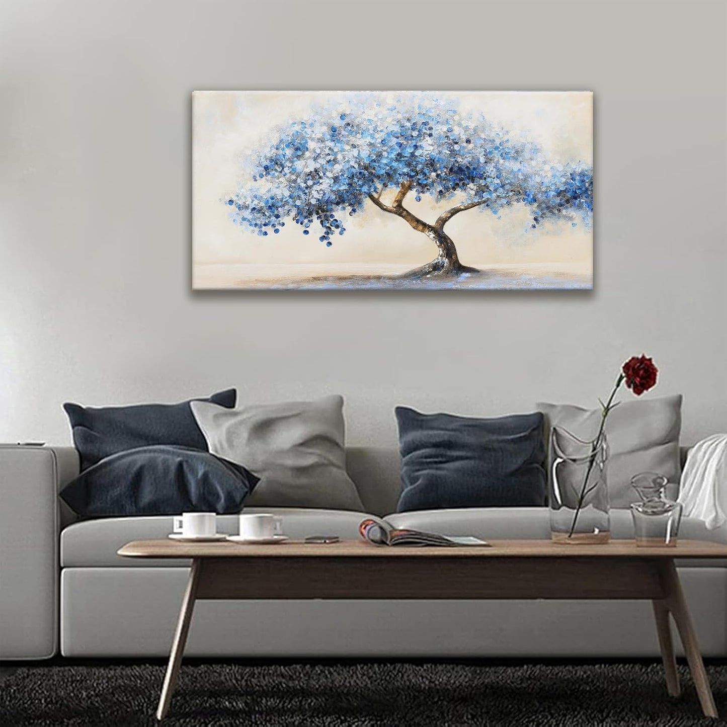 Suconvng Tree Of Life Wall Art Blue Tree Picture Painting Wall Decor Artwork Canvas Art Wall Decor For Living Room Bedroom Bathroom Office Home Decor 20"X 40"Can Be Hung Directly