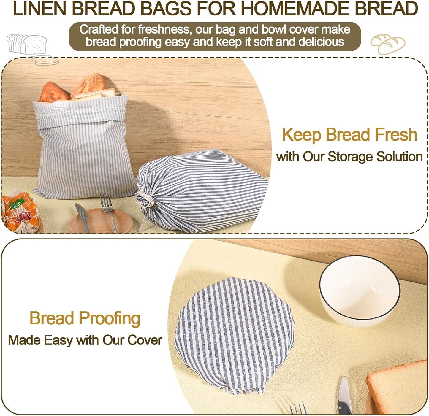 4 Pack Sourdough Bread Bags Linen Bread Bags for Homemade Bread Sourdough with Bowl Cover - Reusable Bread Storage Bags Sourdough Bread Bag & Beeswax Bread Bag with Bread Proofing Cover