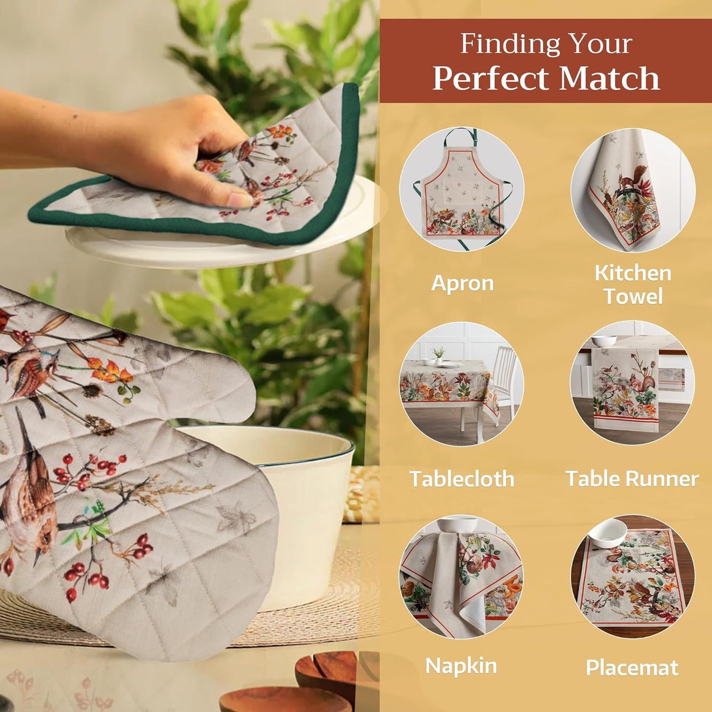 Maison d' Hermine 100% Cotton Oven Mitt & Pot Holder Set (7.5"x13" & 8"x8") Heat Resistant BBQ Cooking Gloves with Loop for Thanksgiving Christmas Decorations Handling Hot Pans (Recolte)